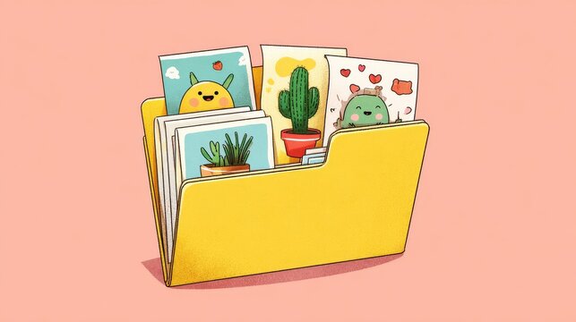Open Yellow Folder with Colorful Character Cards Inside, Document Organization Cute Illustration