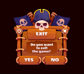 Naklejka na ściany i meble Pirate and corsair game UI menu interface or app window with buttons and loading bar panels. Pirate game UI on cartoon wooden board for game exit Yes or No menu screen with corsair captain skulls