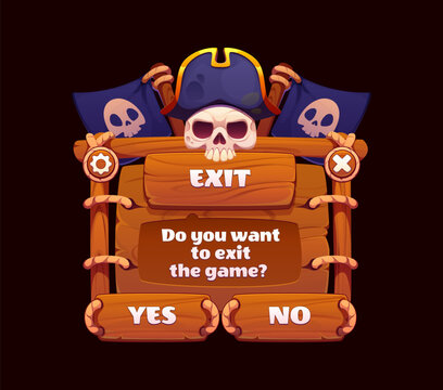 Pirate and corsair game UI menu interface or app window with buttons and loading bar panels. Pirate game UI on cartoon wooden board for game exit Yes or No menu screen with corsair captain skulls