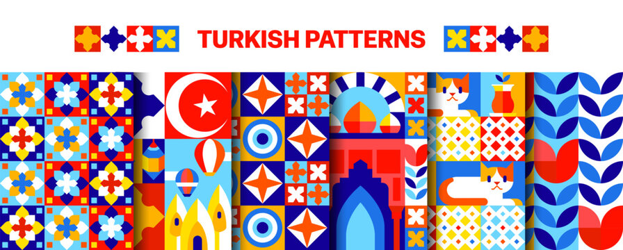 Turkey seamless patterns with geometric mosaic Turkish ornament elements. Vibrant blue, red and yellow layouts featuring stylized cats, hot air balloons and evil eye symbols for travel agency