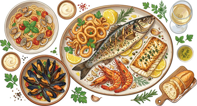 Mediterranean seafood dinner set with grilled fish, mussels, pasta and shrimp for restaurant menu, design