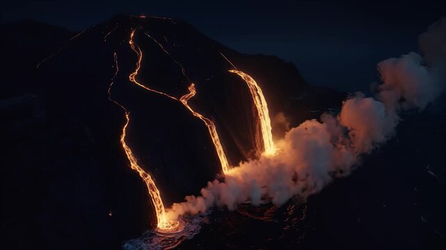 Volcanic Eruption Flowing Hot Lava Down Mountain Slope into Dark Ocean at Night, Dramatic Aerial View, Symbolizing Nature's Power, Destruction, and Renewal