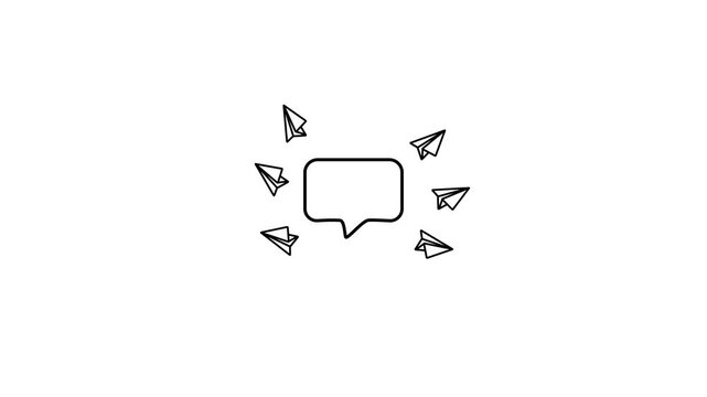A cluster of six simple outline paper airplanes flying in different directions around a central empty speech bubble outline on a clean white background representing communication and message