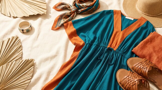 Boho Summer Beach Outfit Flat Lay with Teal Kaftan Dress and Straw Hat for Vacation Travel Lifestyle Photography