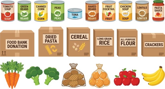 Canned goods and grocery boxes for food bank donation, nonperishable items set with fresh vegetables, fruit