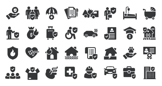 Insurance glyph solid icons collection. Containing protection, health, finance protection, life insurance. For website marketing design, logo, app, template, ui, etc. Vector illustration