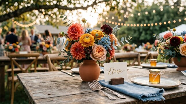 Rustic Wedding Table Setting with Floral Centerpiece and Honey Favors for Outdoor Reception Decor