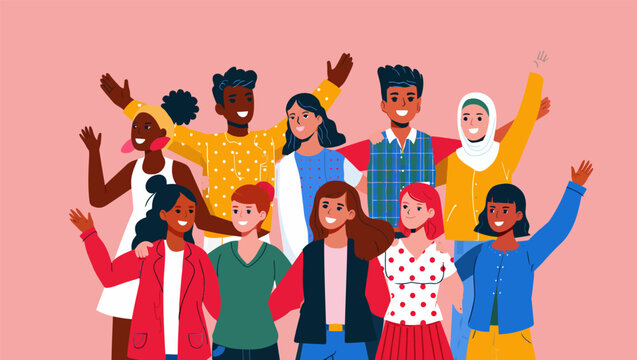 Diverse group of happy young people standing together and waving their hands in a friendly gesture against a bright pink background in this flat illustration