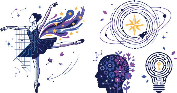 Creativity and future technology icon set with cyber ballerina dancer galaxy space exploration human mind intelligence gears flowers and maze lightbulb vector illustration