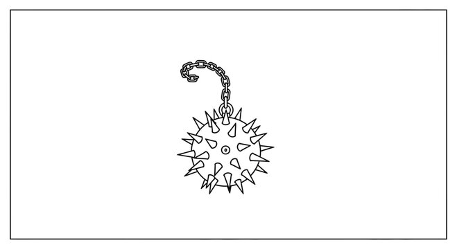Medieval Flail Weapon Icon - Spiked Ball on Chain, Black and White Vector