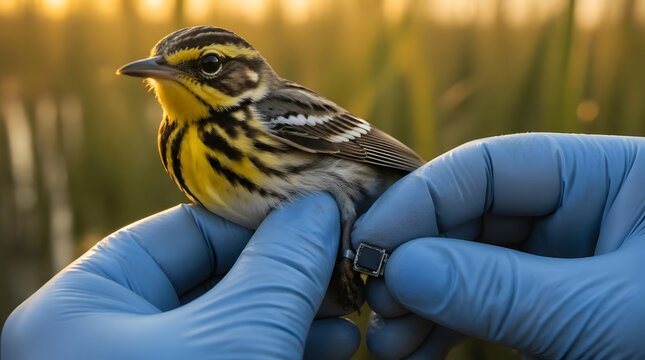 Ornithologist researcher banding a small songbird in a wetland habitat during golden hour for scientific study