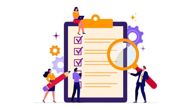 Professional business team working together to manage tasks and complete a large checklist using a magnifying glass and a giant pencil in this flat illustration