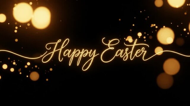 Glowing golden Happy Easter script animation with sparkling bokeh lights.