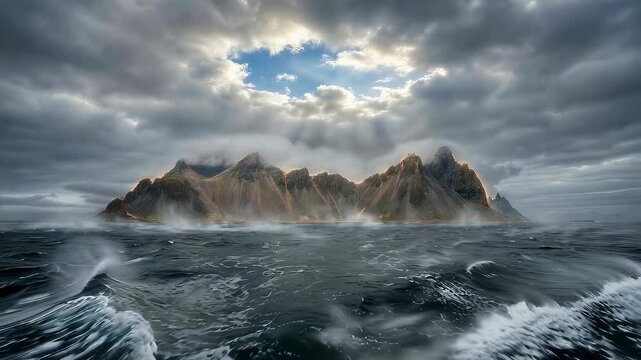 Creation of world with dry land emerging from ocean. Biblical genesis scene showing mountains rising from water under divine light from sky. Earth formation concept.
