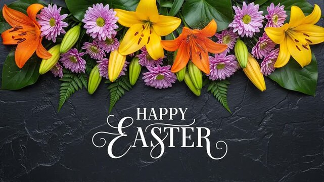 Happy Easter greeting text with spring flower arrangement on black stone