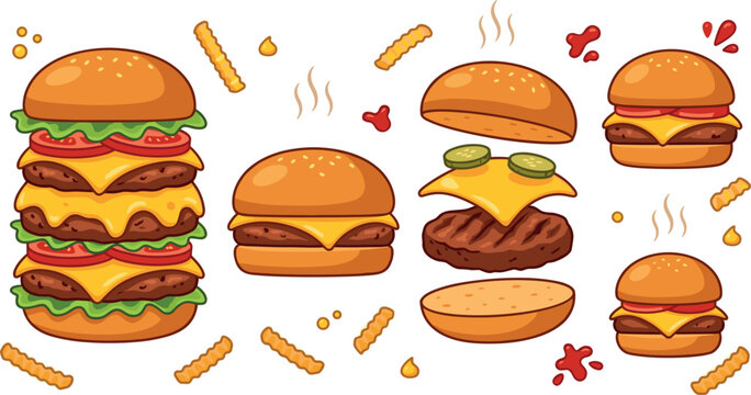 Fast food burger vector illustration set with giant stacked cheeseburger exploded view ingredients french fries ketchup and mustard isolated on white background
