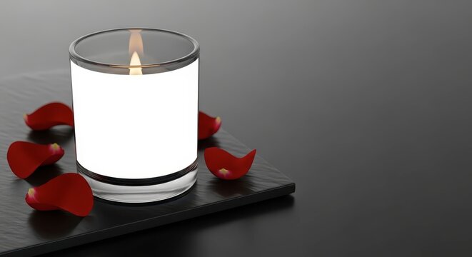 Candle with rose petals on table.