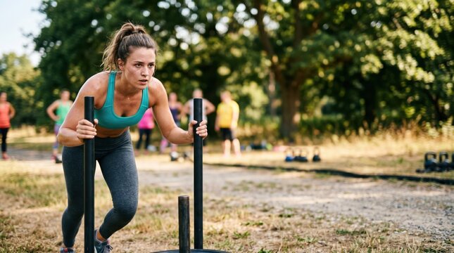 Young Fit Woman Pushing Heavy Sled During Outdoor Group Fitness Training Session for Strength and Endurance Workout