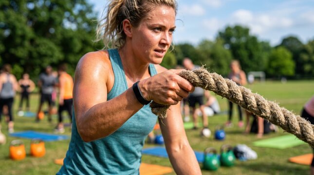 Fit Caucasian Woman Doing Battle Rope Workout in Outdoor Park Fitness Class for Strength and Endurance Training