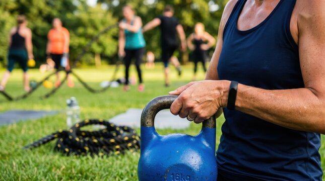 Mature woman holding blue kettlebell during outdoor group fitness class in park