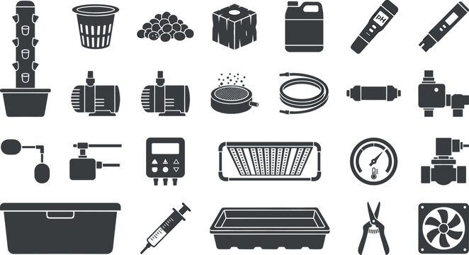 Hydroponic System and Smart Indoor Farming Equipment Vector Icon Set Featuring Tower Garden, Water Pump, Grow Light, Climate Controller, and Cultivation Tools