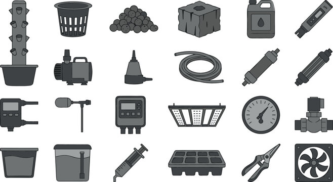 Hydroponics and Indoor Aeroponics Farming Equipment Vector Icon Set Featuring Tower Garden, Water Pump, Grow Light, pH Meter, and Cultivation Tools