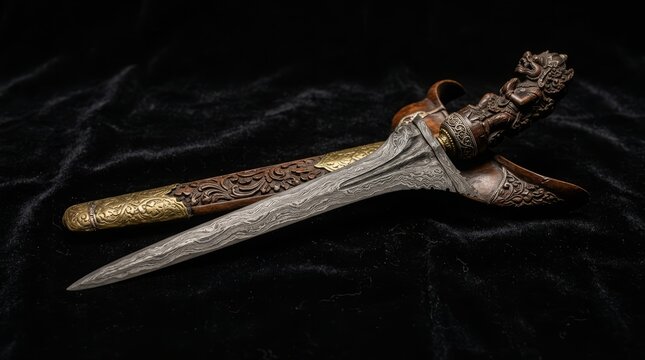A museum-style presentation emphasizing the elegance, craftsmanship, and historical importance of a traditional Nusantara keris