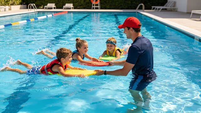 Male instructor teaching group of children in swimming pool
