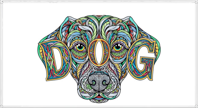 Intricate Dog Face Art with "DOG" Text Integrated into Features, Colorful Zentangle Style