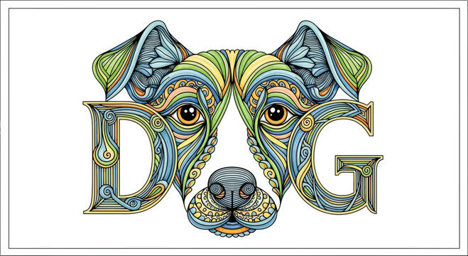 Intricate Dog Face Art with Letters D-O-G, Zentangle Style, Colorful Doodle