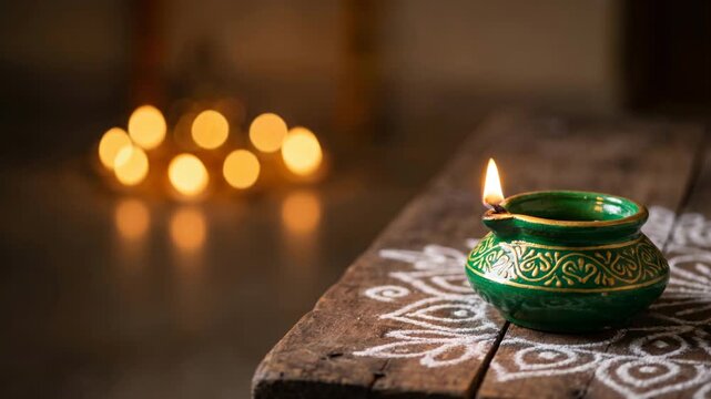 Artisanal green ceramic oil lamp on rustic wood table with white chalk art and bokeh background