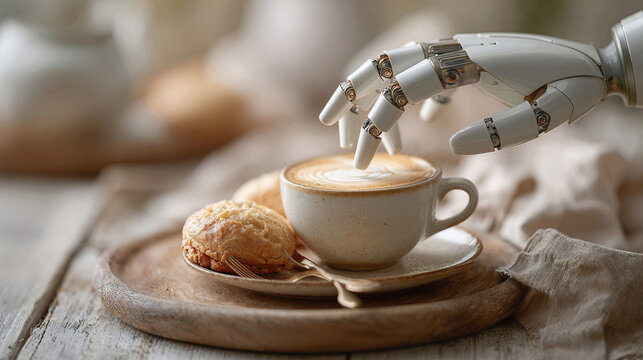 Robotic arm preparing a latte with pastries on a rustic wooden table