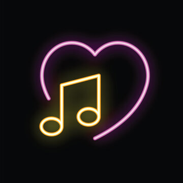 Glowing neon heart shape surrounding a musical note symbolising love for music