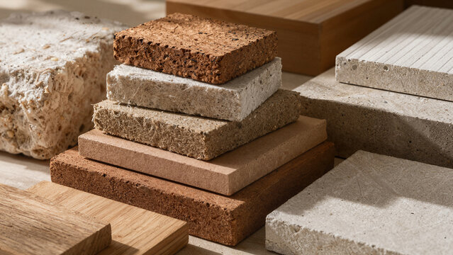 Different types of building materials stacked together on a wooden surface in a workshop showing various textures and colors during daylight hours