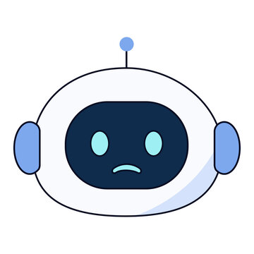 AIロボットの顔。困り顔のキャラクターアイコンと頭部イラスト。エラーと警告。AI robot face. Sad character icon and head illustration. Error and warning solution.