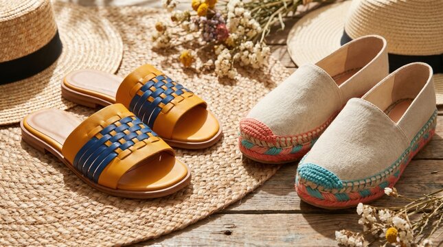 Summer Vacation Footwear Collection Featuring Woven Leather Slides and Canvas Espadrilles on Straw Mat Background