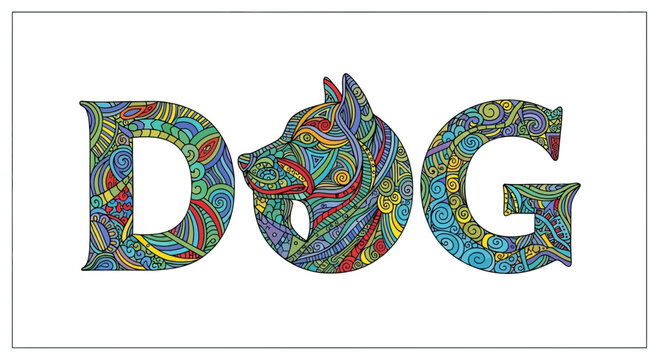 Creative Dog Word Art: 'DOG' Text with Dog Head Silhouette and Zentangle Patterns