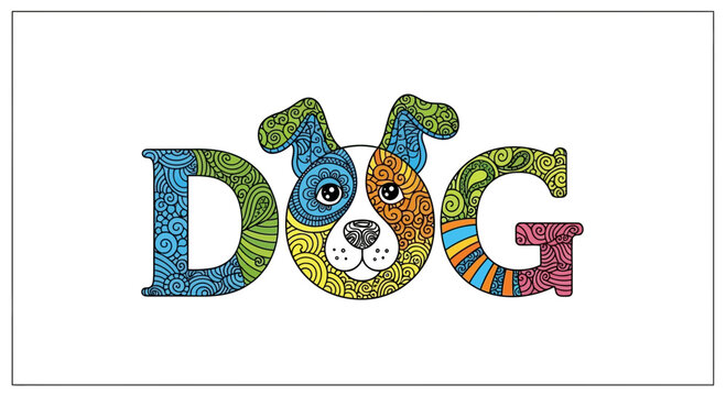 Creative Dog Word Art with Colorful Zentangle Patterns