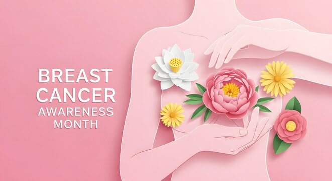 Breast cancer awareness month pink ribbon with flowers and female silhouette