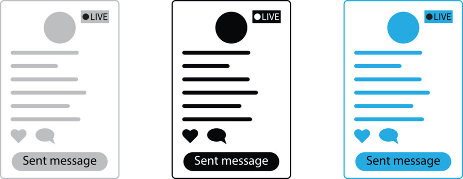 Social media live streaming layout templates with user profile text lines comment input box and chat interface