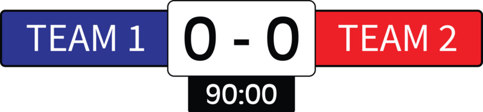 Digital soccer scoreboard vector layout featuring team names zero zero score tie and ninety minute game time broadcast graphic