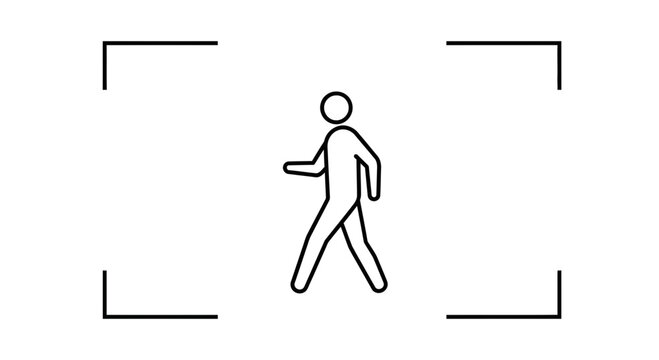 Walking Man Icon in Focus Frame, Simple Line Art Figure, Motion Concept