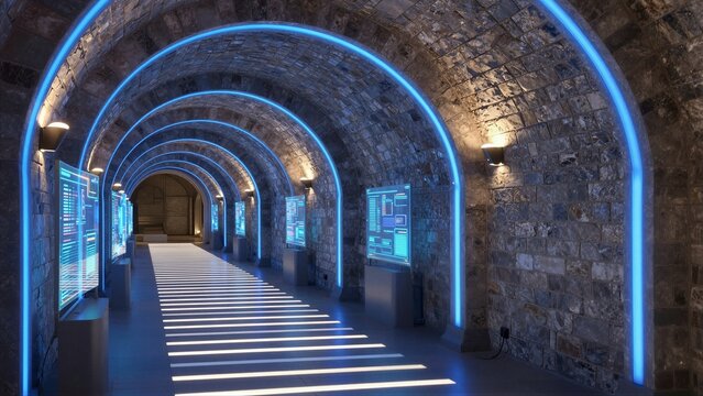 A stone archway tunnel illuminated by blue neon lights and featuring futuristic holographic displays, creating a blend of medieval architecture and advanced technology.