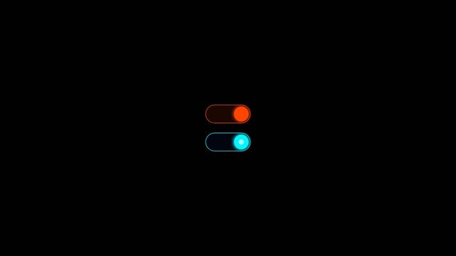 Minimalist toggle switches with red and blue glowing indicators on a dark background.