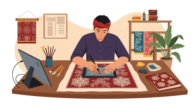 Vector illustration of a Southeast Asian male artisan using a stylus and digital tablet to create traditional batik patterns at a desk filled with art supplies and fabrics.