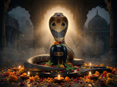 Lord Shiva lingam with king cobra snake inside temple for Nag Panchami festival
