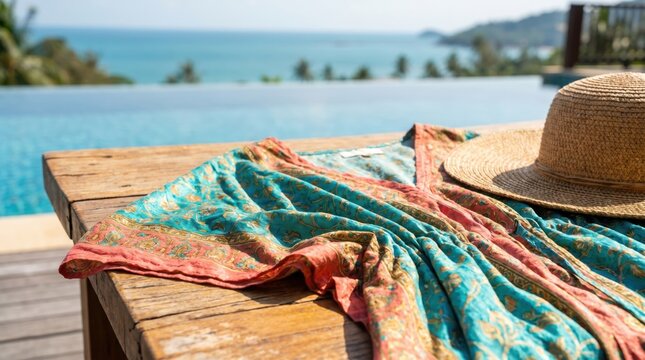 Bohemian Resort Kaftan and Straw Hat on Wooden Table Overlooking Infinity Pool and Ocean for Luxury Vacation Concept