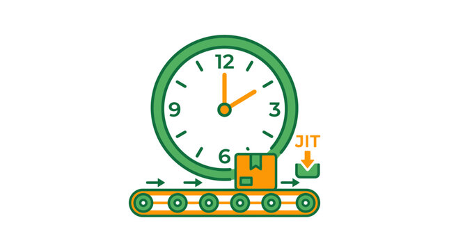 Just-In-Time manufacturing concept, industrial clock, production schedule, logistics vector icon