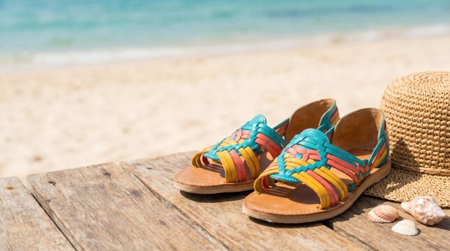 Colorful Woven Leather Huarache Sandals on Wooden Beach Deck with Straw Hat and Seashells for Summer Vacation Concept