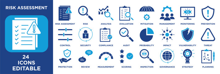 Risk Assessment icon collection set. Containing risk, analysis, evaluation, identification, mitigation, management, monitoring, prevention. solid illustration. © BAMBANG G